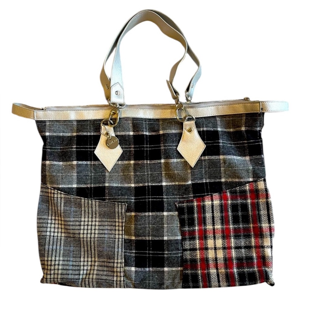 LuLu Convertible Grey, Red, Black Plaid Patchwork Tote Bag Unique‎